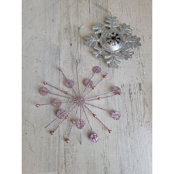 Glitter pink silver snowflake ornament Xmas set - Picture 1 of 8